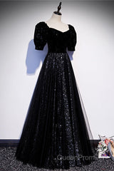 Modest Sparkly Black Long A-line Evening Prom Dresses With Sleeves Evening Gowns