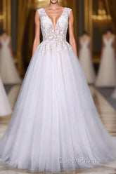 Flowy A-line Long V-neck Lace Tulle Beach Wedding Dresses Bridal Gowns