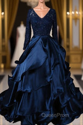 Formal V-neck Beading Lace Satin Backless Ball Gown Evening Prom Dresses With Sleeves