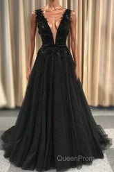 Formal Deep V-neck Long Black Party Evening Prom Dresses With Lace Appliques