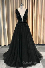 Formal Deep V-neck Long Black Party Evening Prom Dresses With Lace Appliques