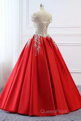 Modest Red Cap Sleeves Ball Gowns Lace Satin Evening Prom Dresses Evening Dresses