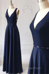 Navy Blue V-neck Floor Length Simple Cute Long Evening Prom Dresses