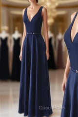 Navy Blue V-neck Floor Length Simple Cute Long Evening Prom Dresses