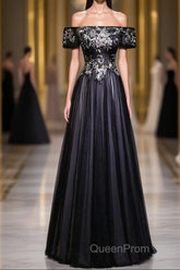 Beauty Off The Shoulder Floor Length Lace Up Long Black Evening Prom Dresses With Appliques