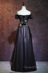 Beauty Off The Shoulder Floor Length Lace Up Long Black Evening Prom Dresses With Appliques