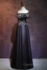 Beauty Off The Shoulder Floor Length Lace Up Long Black Evening Prom Dresses With Appliques