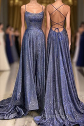 Beautiful Spaghetti Straps Backless Long Blue Party Evening Prom Dresses
