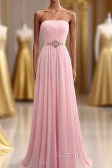 Elegant Strapless A-line Pink Chiffon Long Evening Prom Dresses Girly Dresses