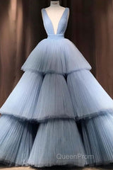 Modest Ball Gown Long V-neck Light Blue Princess Evening Prom Dresses Quinceanera Dresses