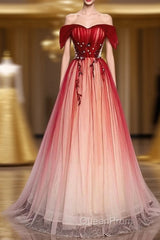 Burgundy Off The Shoulder Tulle Long Lace Up Formal Evening Prom Dresses Party Dresses