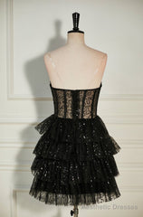 Black Sequined Strapless Multi-Layers Tulle Homecoming Dress