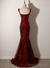 Wine Red Straps Sweetheart Mermaid Long Party Dress, Wine Red Sequins Prom Dress