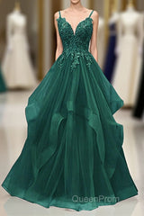A-Line Tulle With Lace Applique Straps Long Party Dresses, Green Tulle Evening Prom Dresses