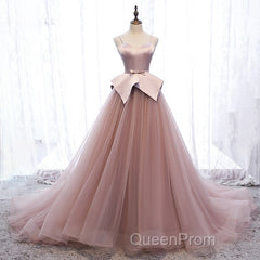 Pink Spaghetti Straps Tulle Long Formal Evening Prom Dresses, Unique Long Wedding Dess