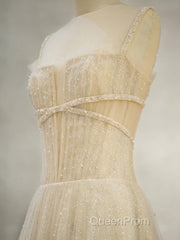 Champagne Tulle Long Evening Prom Dresses, Champagne Tulle Formal Dresses