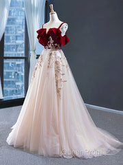 UniqueDressess Vintage Red Straps Tulle Formal Dresses, Elegant Applique Evening Prom Dresses