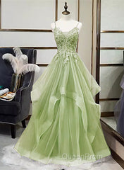 A-Line Tulle With Lace Applique Straps Long Party Dresses, Green Tulle Evening Prom Dresses