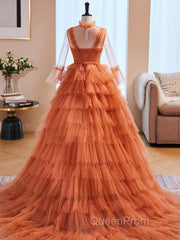 Unique High Neck Tulle Long Evening Prom Dresses, Orange Formal Evening Dresses