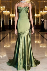 Green Chic Style Long Satin Sweetheart Party Dresses, Green Formal Dresses