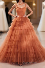Unique High Neck Tulle Long Evening Prom Dresses, Orange Formal Evening Dresses