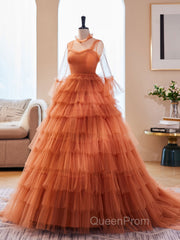 Unique High Neck Tulle Long Evening Prom Dresses, Orange Formal Evening Dresses