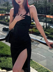 Vintage Prom Dresses 90S, Black Split Spaghetti Strap Prom Dress Long With Slit