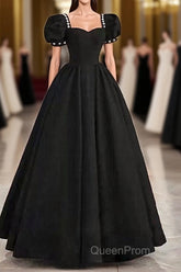Black Sweetheart Short Sleeves Beaded Party Dresses, A-Line Black Satin Evening Prom Dresses