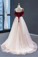 UniqueDressess Vintage Red Straps Tulle Formal Dresses, Elegant Applique Evening Prom Dresses