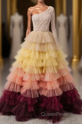 Unique Multi Color Layered One Shoulder Long Sleeves Evening Prom Dresses Formal Gown