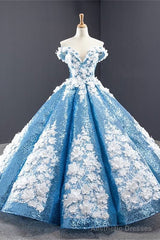 Off the Shoulder Blue and White Ball Gown