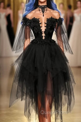 Off Shoulder Lace Applique Black Tulle Short Homecoming Graduation Dresses