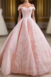 Gorgeous Pink Off The Shoulder Ball Gown Evening Prom Dresses With Appliques