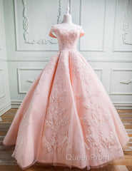 Gorgeous Pink Off The Shoulder Ball Gown Evening Prom Dresses With Appliques