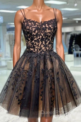 Black Spaghetti Straps Appliques Tulle Short Homecoming Dresses