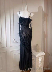 Chic Sheath Spaghetti Straps Black Evening Dress Long Prom Dresses