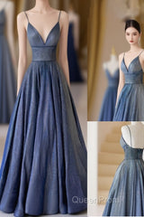 Blue V-Neckline Straps Low Back A-Line Evening Prom Dresses, Blue Long Evening Dresses