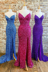 Mermaid Purple Sequin Long Evening Prom Dresses with Slit
