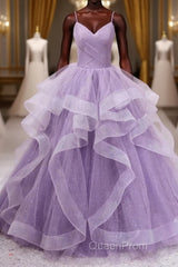 Princess Lavender Sparkly Spaghetti Straps Long Evening Prom Dresses Floor Length Evening Gown