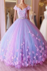 Princess Pink and Blue Ball Gown Evening Prom Dresses with Flowers, Quinceanera Dresses
