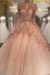 Princess Sparkly Sweetheart Evening Prom Dresses with 3d Flowers, Pink Quinceanera Dresses