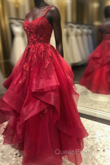 Dark Red Cross Back Tulle Long Formal Dresses, Dark Red Evening Dresses Evening Prom Dresses