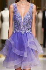 Purple Lace V-Neckline Short Homecoming Dresses, Purple Short Evening Prom Dresses