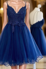 Dark Blue V Neck Short Evening Prom Dresses With Beads Appliques,Blue Homecoming Dresses