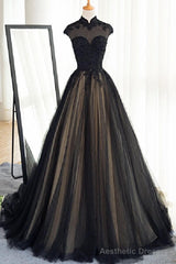 Black Tulle Cap Sleeves Floor Length Long Prom Dresses, Luxury Dresses