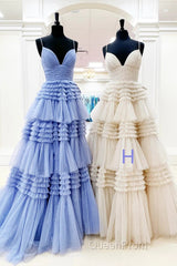 Sparkly Spaghetti Straps Tiered Tulle Evening Prom Dresses, New Long Party Gown