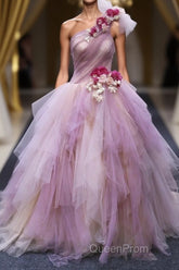 Puffy One Shoulder Sleeveless Tulle Evening Prom Dresses with Flowers, Ruffles Quinceanera Dresses