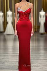 Red Long Mermaid One Shoulder Satin Evening Prom Dresses With Beadings Sleeveless