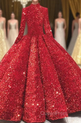 Glitter High Neck Open Back Lace Up Ball Gown Evening Prom Dresses