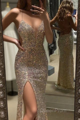 Mermaid Evening Dresses Spaghetti Straps V Neck Evening Prom Dresses With Split